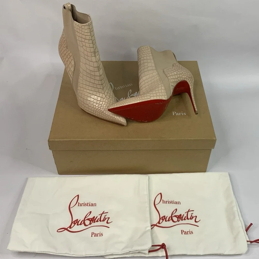 Christian Louboutin Chelsea Chick Booty 100 Calf Mini Crock Boots Leche Size 37 - Picture 1 of 14